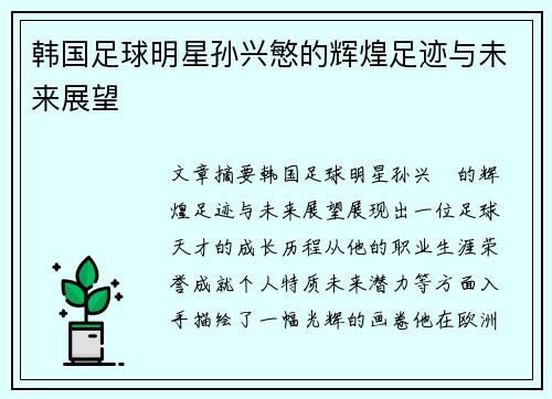 韩国足球明星孙兴慜的辉煌足迹与未来展望
